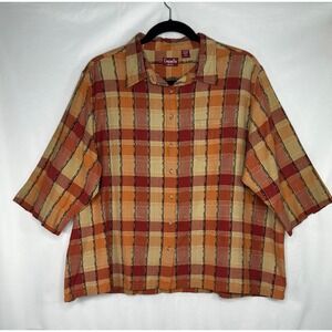 Company One Women 4X Plaid Button Front Shirt Orange Red Gold Lurex Shimmer Top